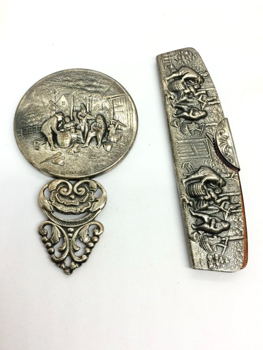 VINTAGE HANS JENSEN Vanity Mirror Comb Set Denmark Silverplate Repousse 1940s